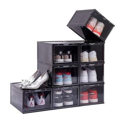 1CHASE Stackable Shoe Storage Box Front Open Black 6Pcs Set