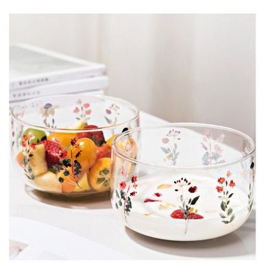 1CHASE Borosilicate Salad, Dessert Serving Bowls With Japanese Floral Print, 650 ML, Set Of 2