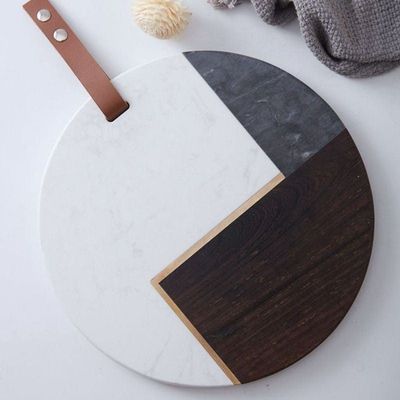 Natural Round Shape Marble Tray With Acacia Wood And Leather Strap 25 CM