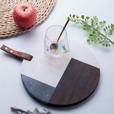Natural Round Shape Marble Tray With Acacia Wood And Leather Strap 25 CM