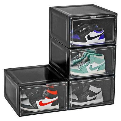 1CHASE  Stackable Shoe Storage Box, Side Open Black 4Pcs Set