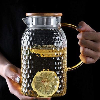 Heat Resistant Borosilicate Glass Water Pitcher With Bamboo Lid And Stainless Steel Strainer, 1800 ML