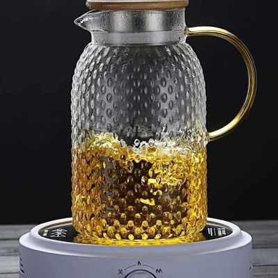 Heat Resistant Borosilicate Glass Water Pitcher With Bamboo Lid And Stainless Steel Strainer, 1800 ML