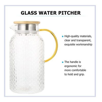 Heat Resistant Borosilicate Glass Water Pitcher With Bamboo Lid And Stainless Steel Strainer, 1800 ML