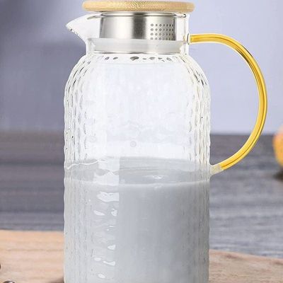 Heat Resistant Borosilicate Glass Water Pitcher With Bamboo Lid And Stainless Steel Strainer, 1800 ML