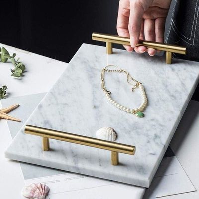 1CHASE Marble Trinket Vanity Tray with Gold Handle (White) 30x20 cm