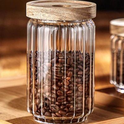 Borosilicate Stripe Glass Food Storage Jar With Acacia Wood Air Tight Lid, Set Of 3, 700 ML
