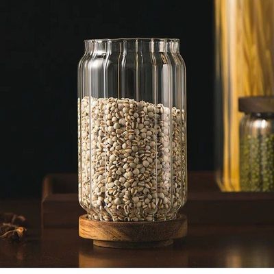 Borosilicate Stripe Glass Food Storage Jar With Acacia Wood Air Tight Lid, Set Of 3, 700 ML