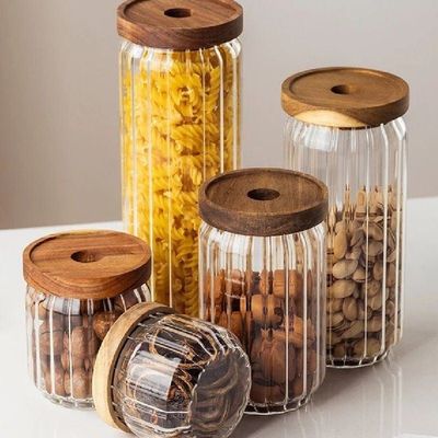 Borosilicate Stripe Glass Food Storage Jar With Acacia Wood Air Tight Lid, Set Of 3, 700 ML