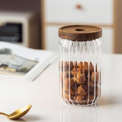 Borosilicate Stripe Glass Food Storage Jar With Acacia Wood Air Tight Lid, Set Of 3, 700 ML
