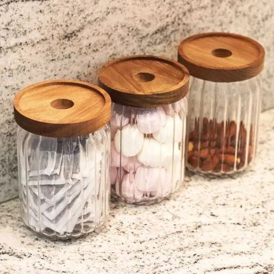 Borosilicate Stripe Glass Food Storage Jar With Acacia Wood Air Tight Lid, Set Of 3, 700 ML