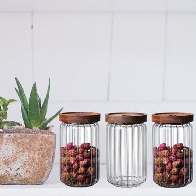 Borosilicate Stripe Glass Food Storage Jar With Acacia Wood Air Tight Lid, Set Of 3, 700 ML