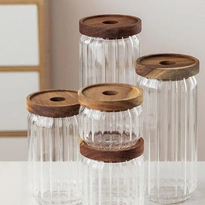 Borosilicate Stripe Glass Food Storage Jar With Acacia Wood Air Tight Lid, Set Of 3, 700 ML