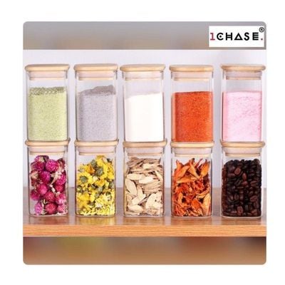 10 Pcs Borosilicate Mini Square Glass Storage Jars with Bamboo Lid 200 ML