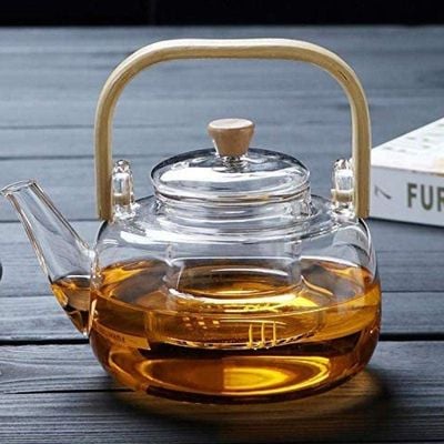 1CHASE Borosilicate Glass Teapot With Glass Infuser For Loose Leaf Tea, Blooming Tea, Flower Tea With Bamboo Handle, 1000 ML