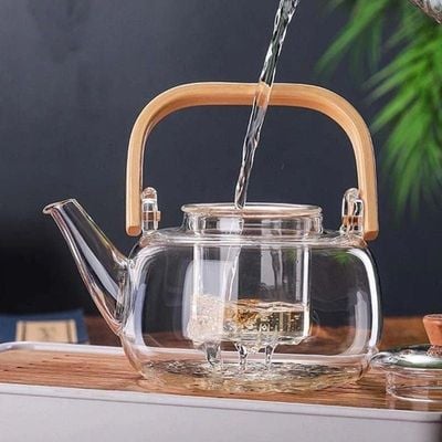 1CHASE Borosilicate Glass Teapot With Glass Infuser For Loose Leaf Tea, Blooming Tea, Flower Tea With Bamboo Handle, 1000 ML