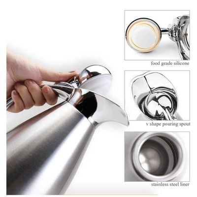 1CHASE Stainless Steel Vacuum Carafe Double Wall Insulated Coffee Tea Pot With Press Button Lid Vacuum Flask Hot and Cold Water Bottle 1.5L Silver