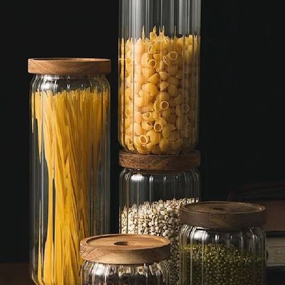 Borosilicate Stripe Glass Food Storage Jar With Acacia Wood Air Tight Lid, Set Of 3, 500/700/1000 ML