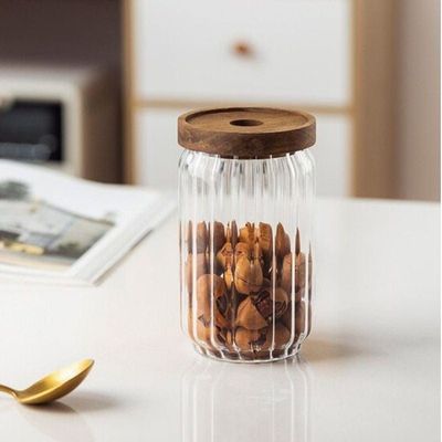 Borosilicate Stripe Glass Food Storage Jar With Acacia Wood Air Tight Lid, Set Of 3, 500/700/1000 ML