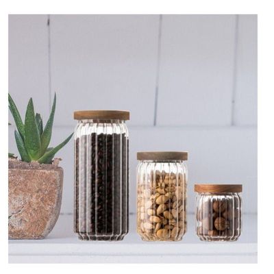 Borosilicate Stripe Glass Food Storage Jar With Acacia Wood Air Tight Lid, Set Of 3, 500/700/1000 ML
