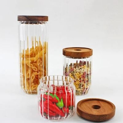 Borosilicate Stripe Glass Food Storage Jar With Acacia Wood Air Tight Lid, Set Of 3, 500/700/1000 ML