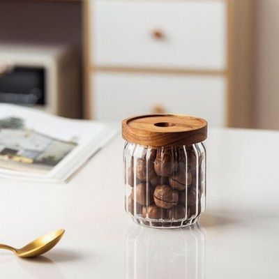 Borosilicate Stripe Glass Food Storage Jar With Acacia Wood Air Tight Lid, Set Of 3, 500/700/1000 ML