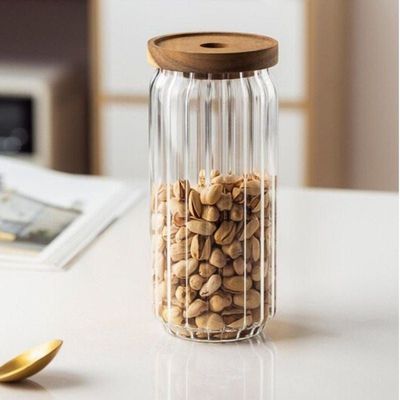 Borosilicate Stripe Glass Food Storage Jar With Acacia Wood Air Tight Lid, Set Of 3, 500/700/1000 ML