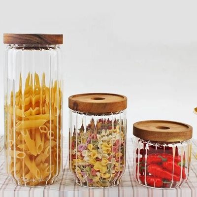 Borosilicate Stripe Glass Food Storage Jar With Acacia Wood Air Tight Lid, Set Of 3, 500/700/1000 ML