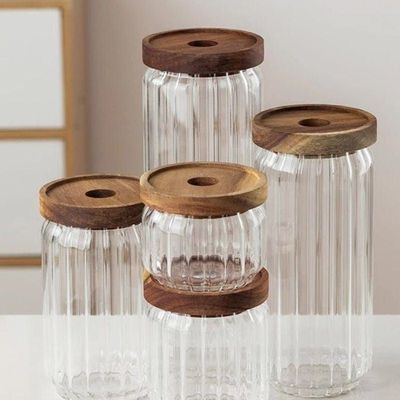 Borosilicate Stripe Glass Food Storage Jar With Acacia Wood Air Tight Lid, Set Of 3, 500/700/1000 ML