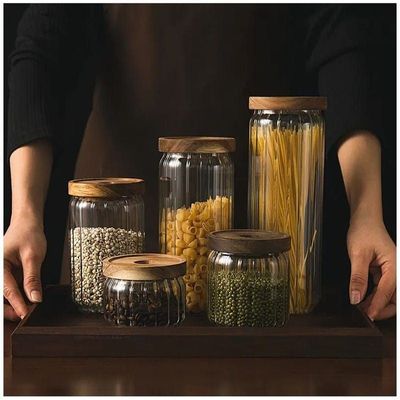 Borosilicate Stripe Glass Food Storage Jar With Acacia Wood Air Tight Lid, Set Of 3, 500/700/1000 ML