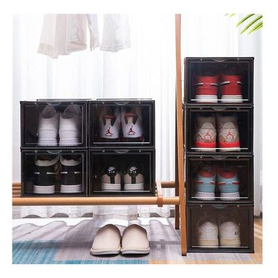 1CHASE Stackable Shoe Storage Box Front Open Black 2Pcs Set