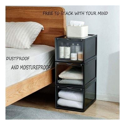 1CHASE Stackable Shoe Storage Box Front Open Black 2Pcs Set