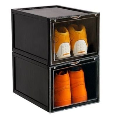 1CHASE Stackable Shoe Storage Box Front Open Black 2Pcs Set