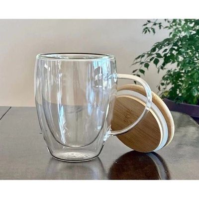 Double Wall Glass Coffee Mugs With Handle And Bamboo Lid 350ml