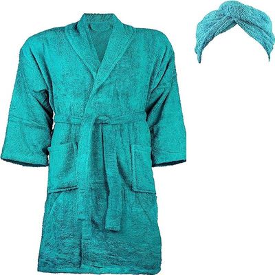 Shawl Collar Bathrobe With Hair Towel Wrap Teal