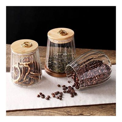 Borosilicate Glass Storage Jar With Airtight Bamboo Lid and Metal Handle Set Of 2, 600 ML Taper