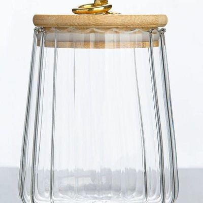 Borosilicate Glass Storage Jar With Airtight Bamboo Lid and Metal Handle Set Of 2, 600 ML Taper