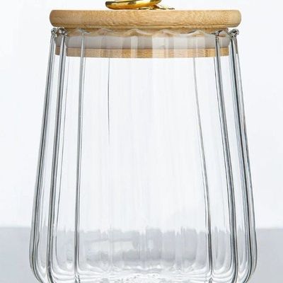 Borosilicate Glass Storage Jar with Airtight Bamboo Lid and Metal Handle, Petal Decorative Container, To Store Tea, Coffee Beans, Candy, Spices, Biscuits 600 ML Conical