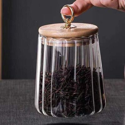 Borosilicate Glass Storage Jar with Airtight Bamboo Lid and Metal Handle, Petal Decorative Container, To Store Tea, Coffee Beans, Candy, Spices, Biscuits 600 ML Conical