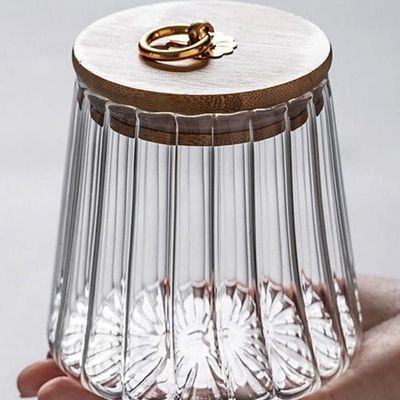 Borosilicate Glass Storage Jar with Airtight Bamboo Lid and Metal Handle, Petal Decorative Container, To Store Tea, Coffee Beans, Candy, Spices, Biscuits 600 ML Conical