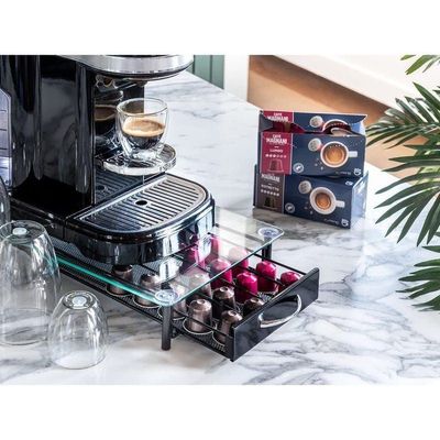 1CHASE Glass Top Coffee Capsule Holder Drawer, 40 Pcs Nespresso Coffee Pods Holder