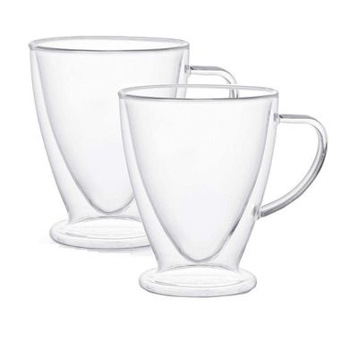 1CHASE Double Walled Irish Glass Coffee Mugs with Handle Set of 2 300 ML