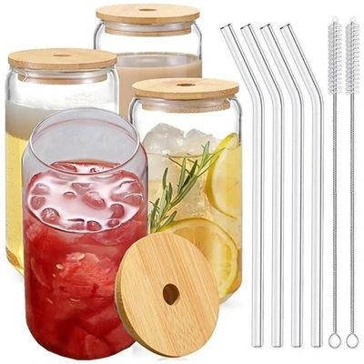 Borosilicate Glass Mason Jar With Bamboo Lid, Glass Straw and Cleaning Brush Set Of 4 550 ML