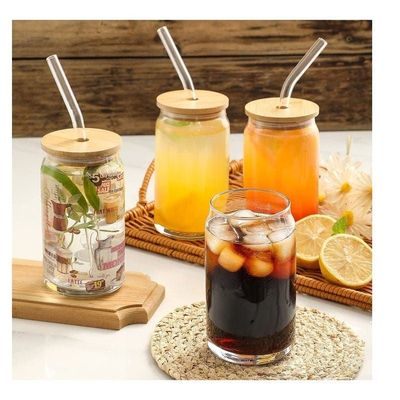 Borosilicate Glass Mason Jar With Bamboo Lid, Glass Straw and Cleaning Brush Set Of 4 550 ML