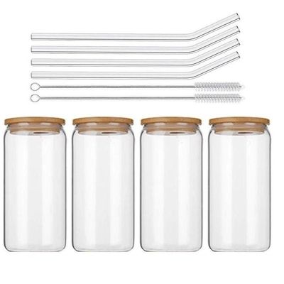 Borosilicate Glass Mason Jar With Bamboo Lid, Glass Straw and Cleaning Brush Set Of 4 550 ML