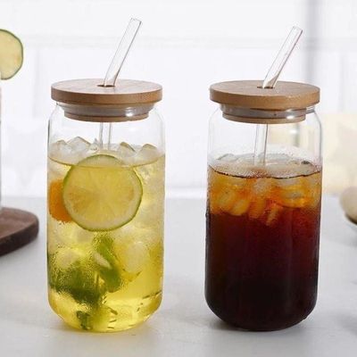 Borosilicate Glass Mason Jar With Bamboo Lid, Glass Straw and Cleaning Brush Set Of 4 550 ML