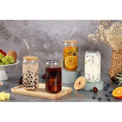 Borosilicate Glass Mason Jar With Bamboo Lid, Glass Straw and Cleaning Brush Set Of 4 550 ML