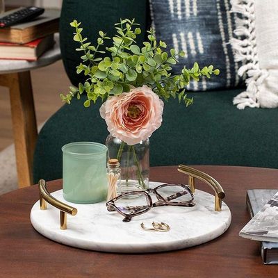 Round White Marble Tray With Gold Handle