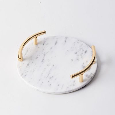 Round White Marble Tray With Gold Handle