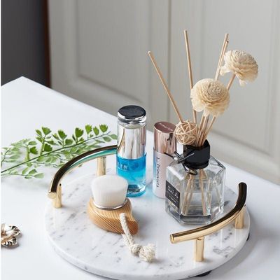 Round White Marble Tray With Gold Handle